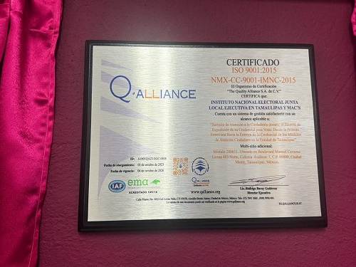 Placa de certificación para Módulo de Atención Ciudadana del INE Tamaulipas